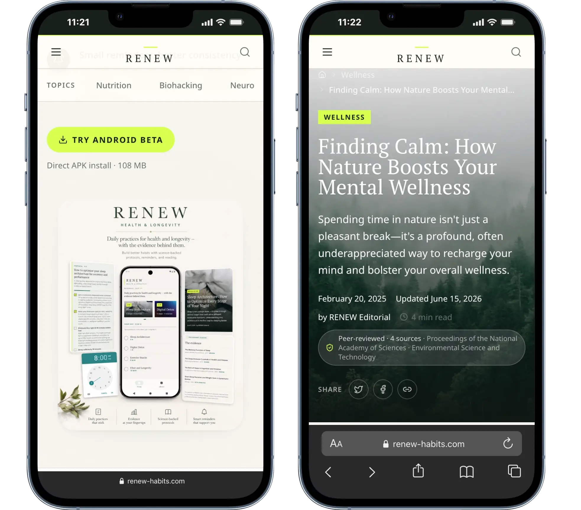 Dos vistas móviles de RENEW: acceso a la aplicación y lectura de un artículo